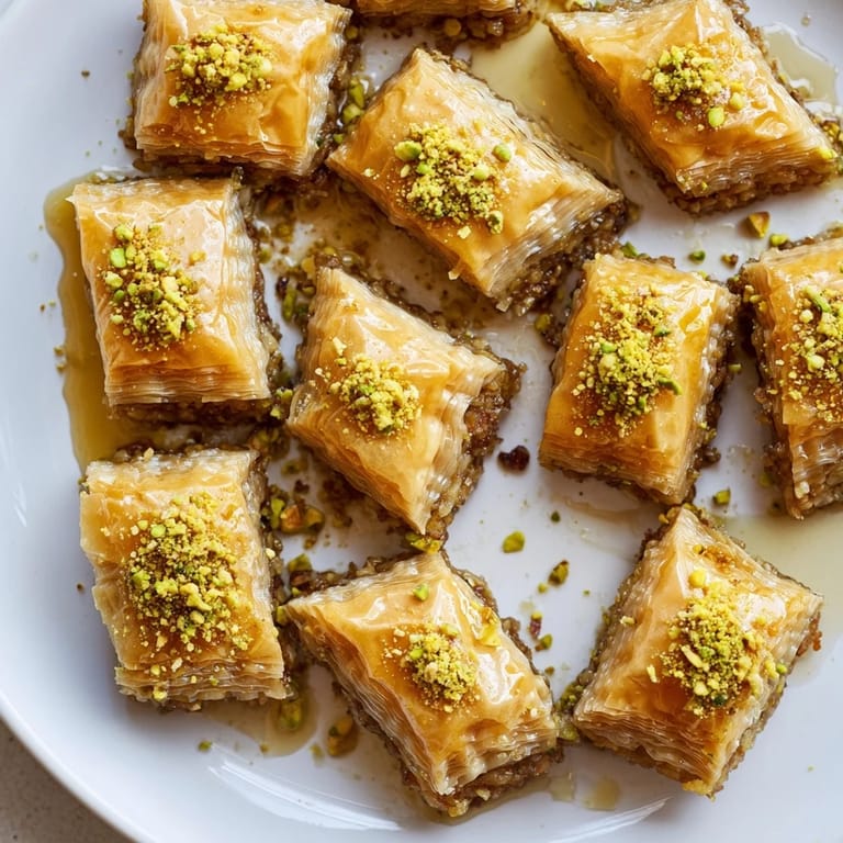 Close-up of flaky Turkish Hazelnut & Pistachio Baklava, aromatic with pistachios, ready to enjoy.