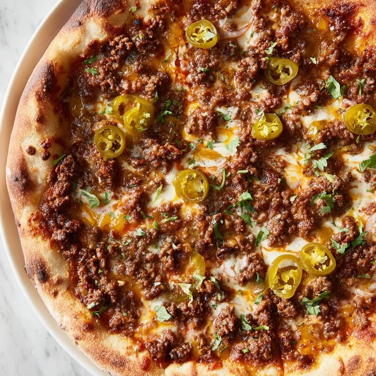 A close-up of a delicious Spicy Ground Beef Pizza Base, loaded with savory beef and melted cheese.