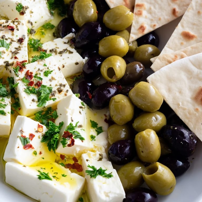 A delicious Turkish Olives & Cheese Board, perfect for sharing with creamy feta, and crusty bread.