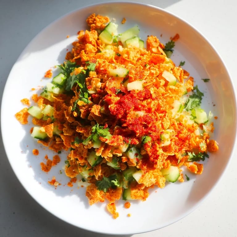 A bowl of fresh Flamin Hot Cheeto Salad, ready to enjoy as a flavorful, quick, and easy snack.
