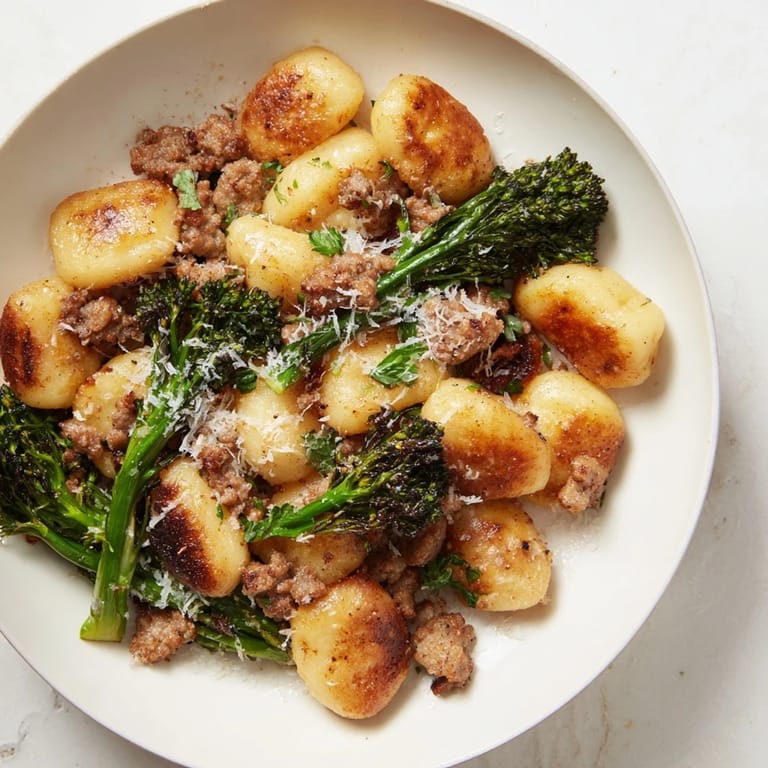This sheet pan gnocchi bake offers a vibrant medley of roasted sausage, vegetables, and cheesy goodness.