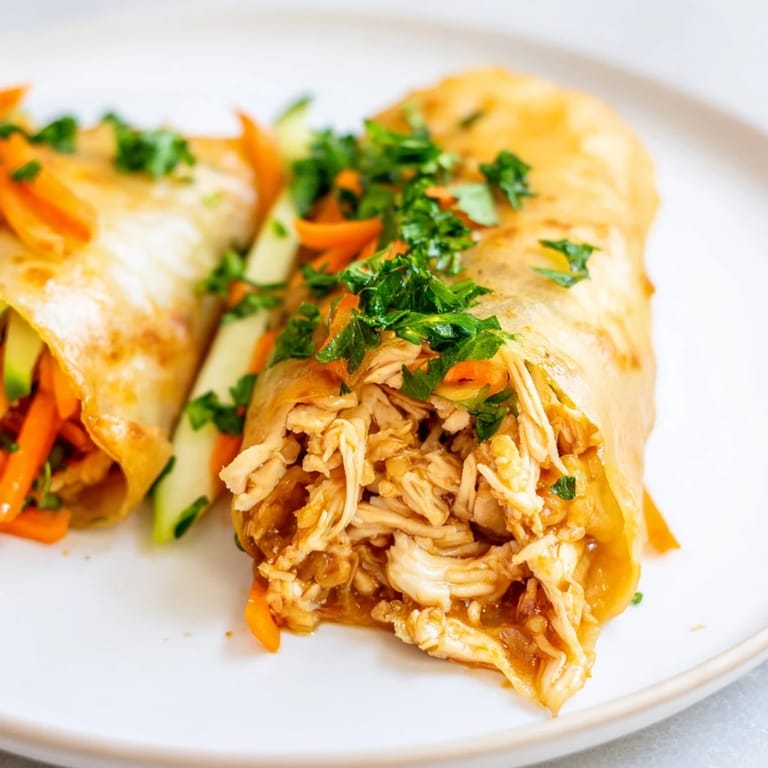 A close-up view of freshly made Garlicky Pulled Chicken Wraps; a delightful fusion main dish.