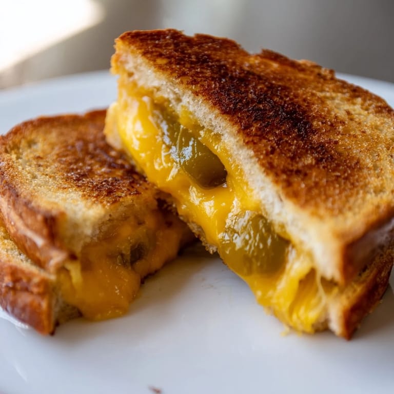 Buttery sandwich halves stacked high, showing gooey sharp cheddar and tangy jalapeño slices between crisped country bread.