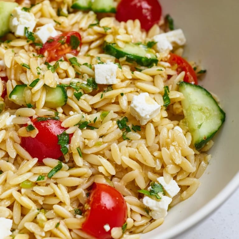 Vibrant Greek Orzo Salad in a clear glass bowl, showcasing tender orzo pasta, crisp vegetables, and briny feta, perfect for summer picnics.