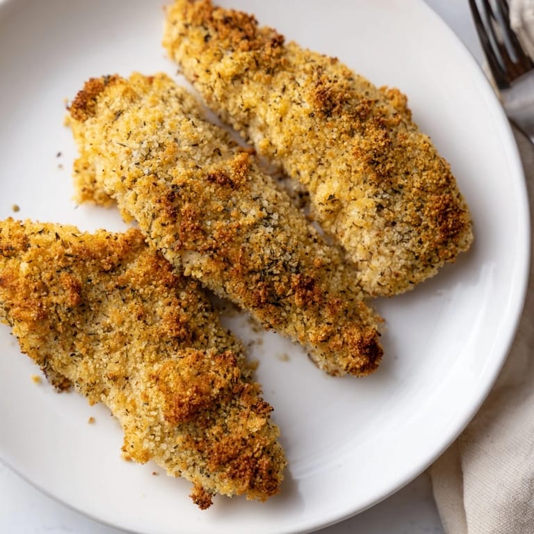 Oven-baked Crispy Panko Chicken Strips plated beside a vibrant salad, highlighting a guilt-free, golden crunch ideal for weeknight meals.