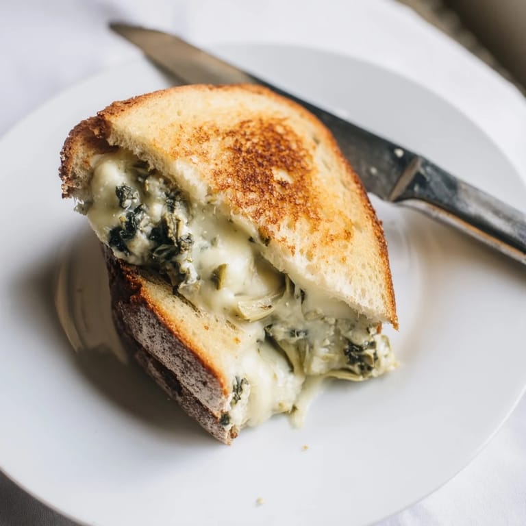 Melted mozzarella and artichoke peek from between buttery sourdough in this vegetarian Spinach Artichoke Grilled Cheese.