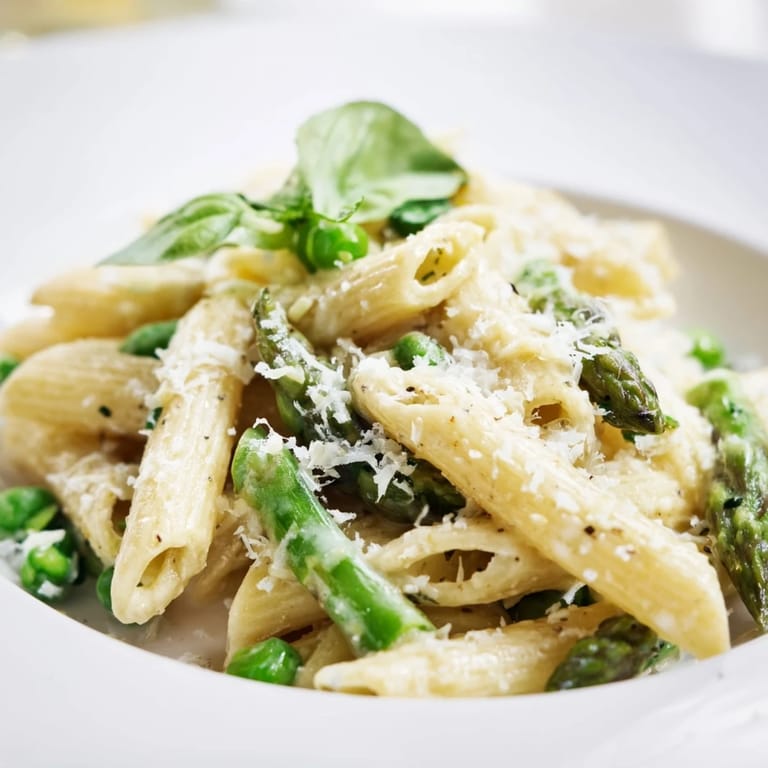 A vibrant serving of Garlic Parmesan Spring Vegetable Pasta, perfect for a light, satisfying weeknight dinner.