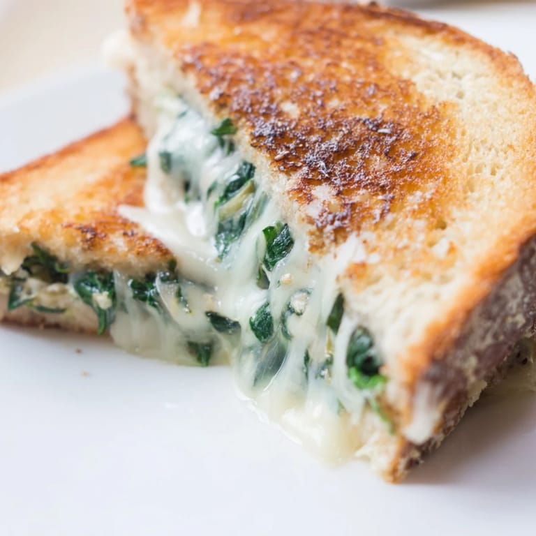 Two halves of an Artichoke Spinach Grilled Cheese resting beside fresh spinach leaves, showing gooey, melted cheese and chopped artichoke hearts inside.  