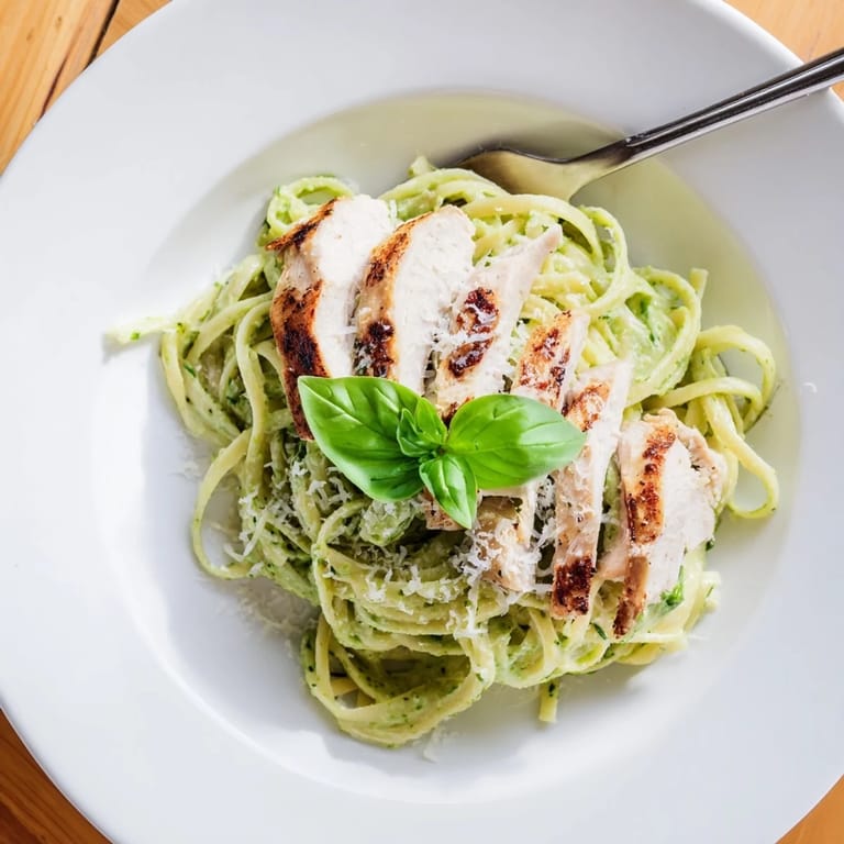 In this Healthy Creamy Avocado Chicken Pasta, al dente noodles are coated in a creamy avocado sauce with tender chicken.