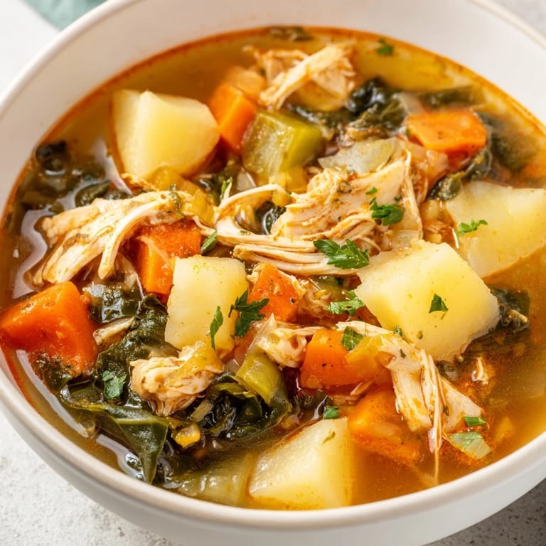 Hearty Collard Greens, Chicken and Vegetable Soup served with a lemon wedge and fresh parsley garnish, ready to warm up a family dinner.