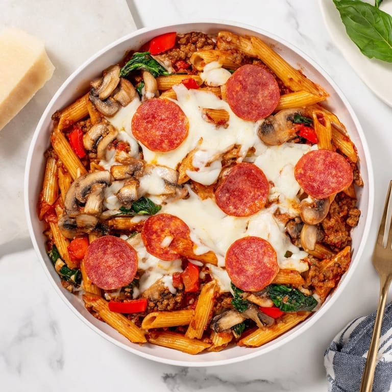 Serving the hearty, pizza-inspired beef pasta bake with a crisp side salad for family dinner.