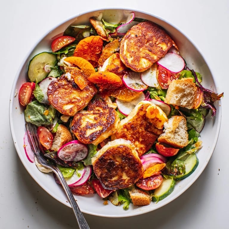 A close-up view of Halloumi Blood Orange Fattoush showcases juicy blood orange rounds and crisp cucumbers beside warm, fried cheese.