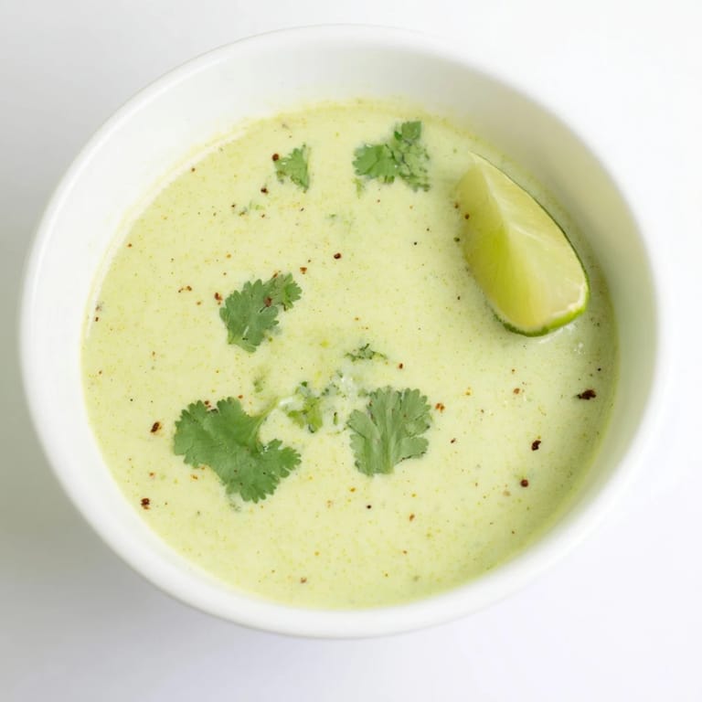 Fresh Spinach Coriander Lemongrass Soup served in a rustic bowl, garnished with cilantro and a lime wedge.