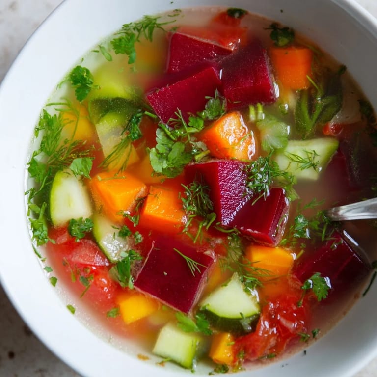 Hearty serving of Rainbow Vegetable Detox Soup garnished with parsley and dill, paired with a slice of toasted whole-grain bread for lunch.