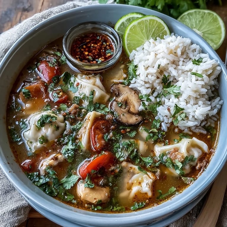 Freshly cooked Tom Yum Wonton Soup served with lime wedges, coriander, and a spoon.