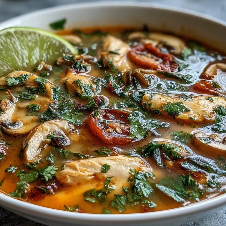 Garnished Tom Yum Chicken served with fresh cilantro, lime wedges, and chilies in a rustic ceramic bowl.