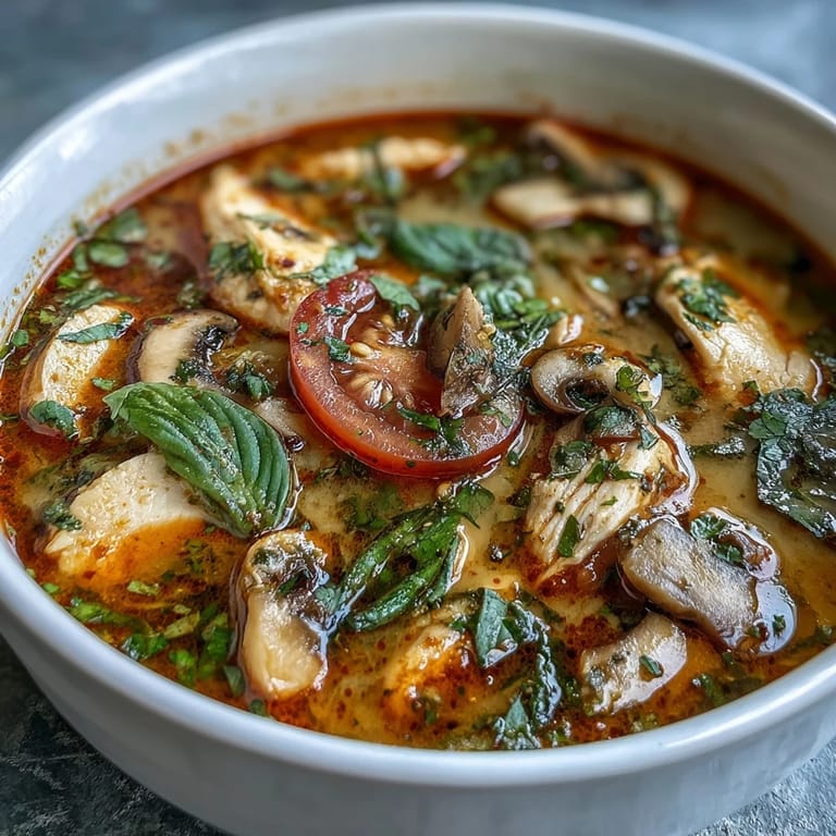Hearty Thai Tom Yum Chicken soup with vibrant red tomatoes, smashed lemongrass, and spicy birds eye chilies.