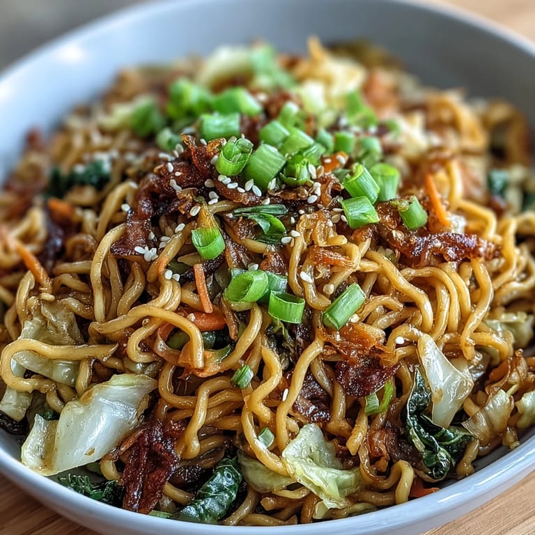 Homemade Fried Cabbage Ramen steaming in a wok, glazed with soy-sesame sauce and colorful veggies.