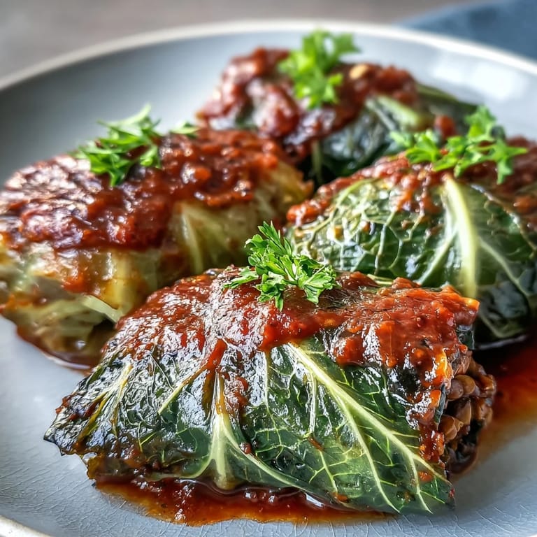 Freshly baked vegan cabbage rolls garnished with parsley, ready to serve with a hearty tomato glaze.