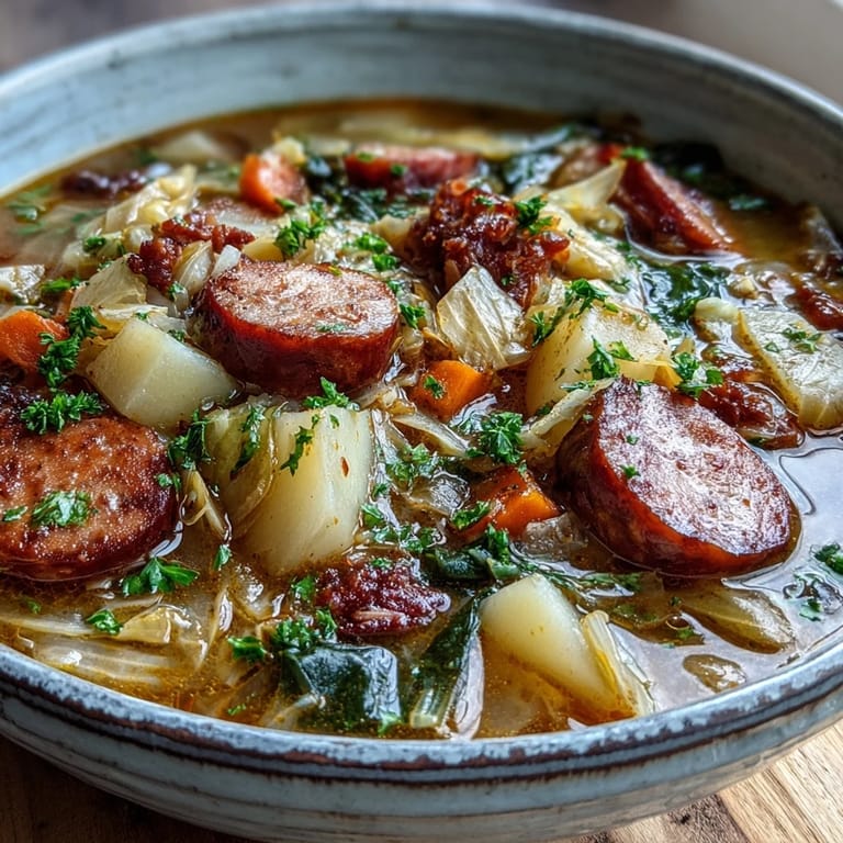 Rustic ladle serving Sausage, Potato and Cabbage Soup, perfect for a cozy weeknight dinner.