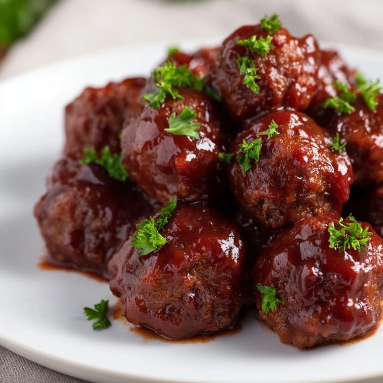 A heaping plate of cherry BBQ meatballs, a delicious appetizer that cooks easily in a slow cooker.