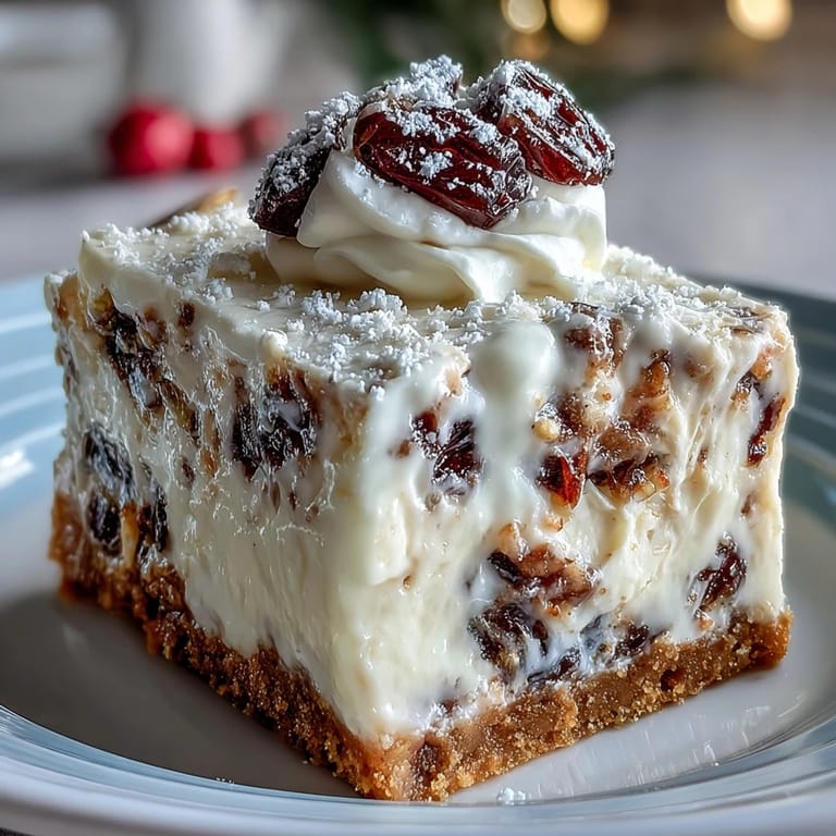 Creamy Christmas Cheesecake Slab with spiced fruit swirls and a golden biscuit crust portioned for serving.