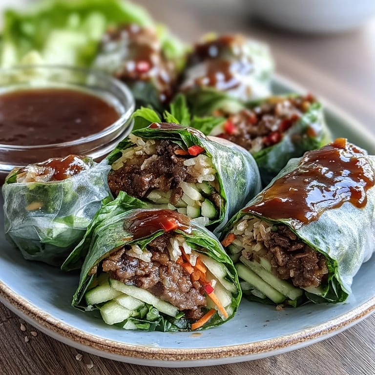 Hands carefully rolling Thai Basil Beef Rolls with rice paper, fresh herbs, and vegetables on a bamboo mat.