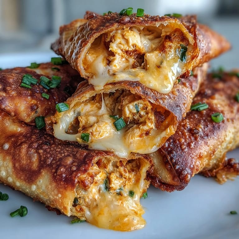 Freshly baked Buffalo Chicken Dip Egg Rolls, golden and crunchy, plated with celery and carrot sticks for dipping.