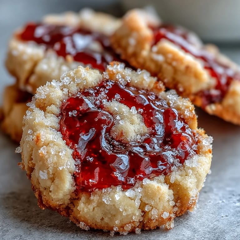 Close-up photo of Raspberry Swirl Shortbread Cookies showcasing the rich buttery texture and tangy, jewel-toned raspberry filling in the center.
