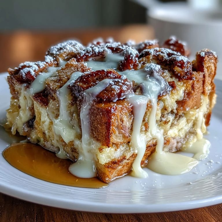 A sliced piece of Monte Cristo Breakfast Casserole on a plate, drizzled with maple syrup and topped with fresh berries.