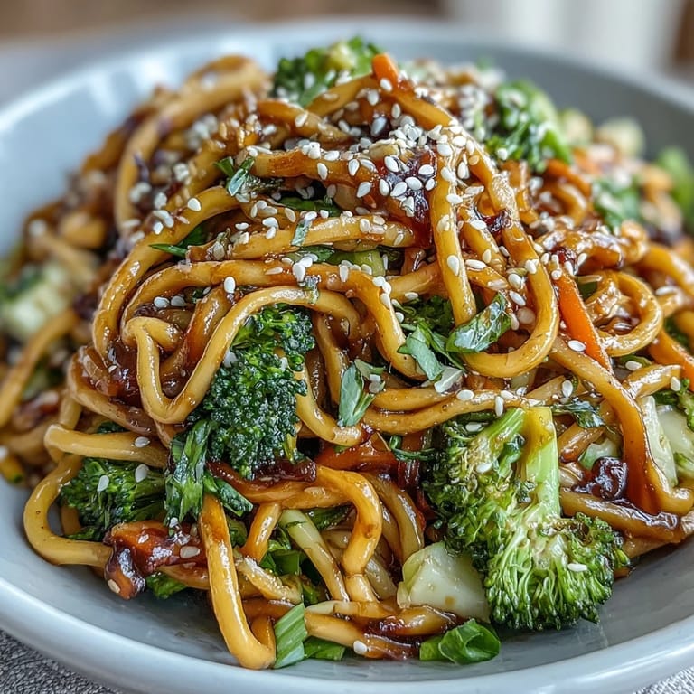 Garnishing the Asian Teriyaki Noodle Bowl with toasted sesame seeds and fresh green onions over steaming vegetables in a wok.