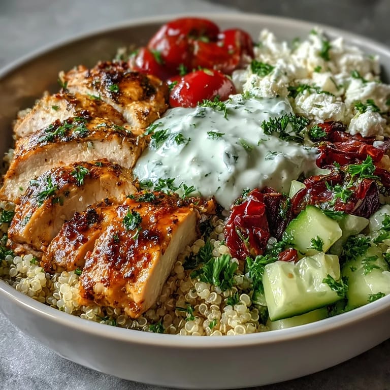 Close-up of a Greek Chicken Power Bowl drizzled with tzatziki, featuring lemon wedges and colorful vegetables.