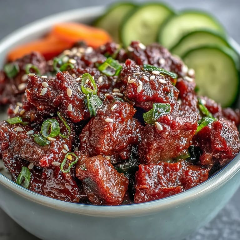 Freshly prepared Easy Korean Beef Bowl with cucumber, carrots, and red chili slices.