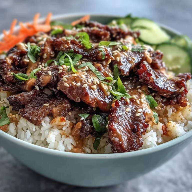 Vivid Korean Beef Power Bowl featuring juicy seared beef, vibrant pickled carrots, fresh jalapeños, and a spicy sriracha mayo over steamed rice.