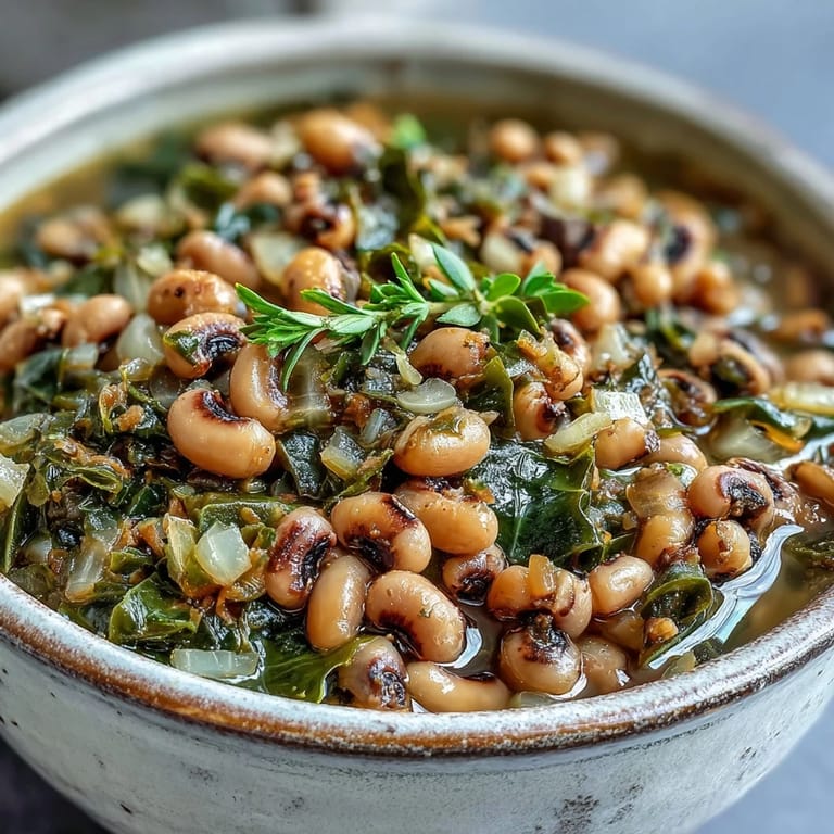 Southern-style Black-Eyed Peas With Collard Greens in a rustic bowl beside golden cornbread and hot sauce.