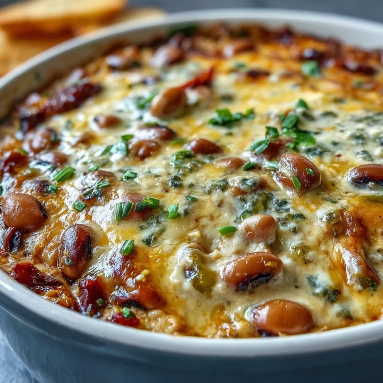 A creamy, cheesy Hot Black-Eyed Pea Dip in a baking dish, featuring pickled jalapeños and colorful diced red bell pepper.