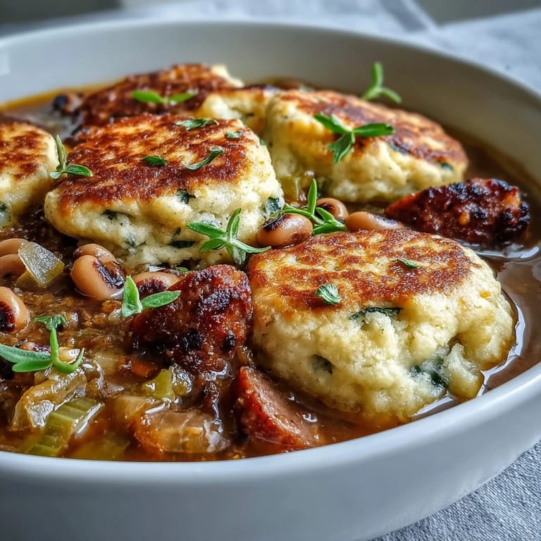 A close-up view of a serving of Black-Eyed Peas and Sausage Dumplings in a bowl, garnished with fresh parsley for a pop of color.
