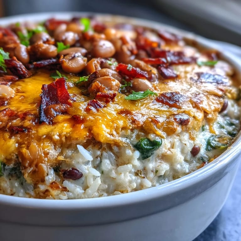 Freshly baked Tex Mex Black Eyed Pea Casserole topped with bubbly cheese, spinach, and smoky paprika spices.