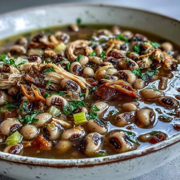 Black-Eyed Peas With Smoked Turkey simmering in a pot with tender shredded turkey and aromatic thyme.