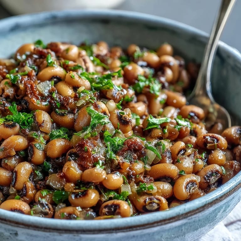Southern-style Frozen Black-Eyed Peas simmering in a seasoned broth with diced tomatoes, aromatic onions, and fresh parsley garnish.