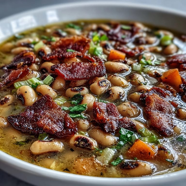 A close-up of Black-Eyed Peas and Bacon Soup in a white bowl, topped with crispy bacon.