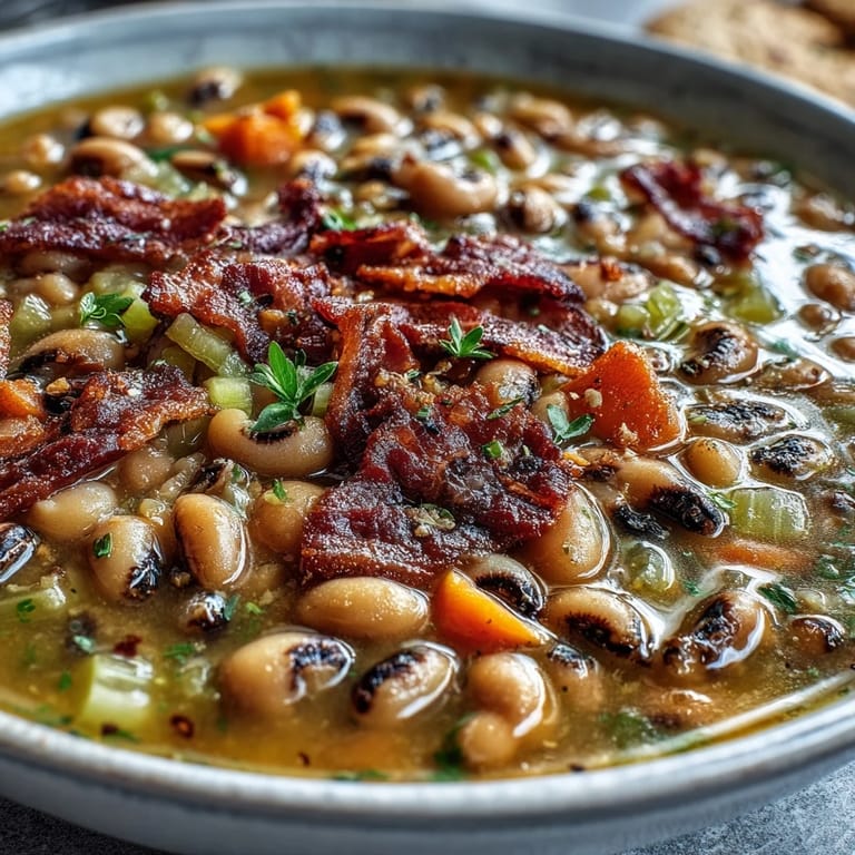 Southern-style Black-Eyed Peas and Bacon Soup served steaming in a bowl beside golden cornbread.