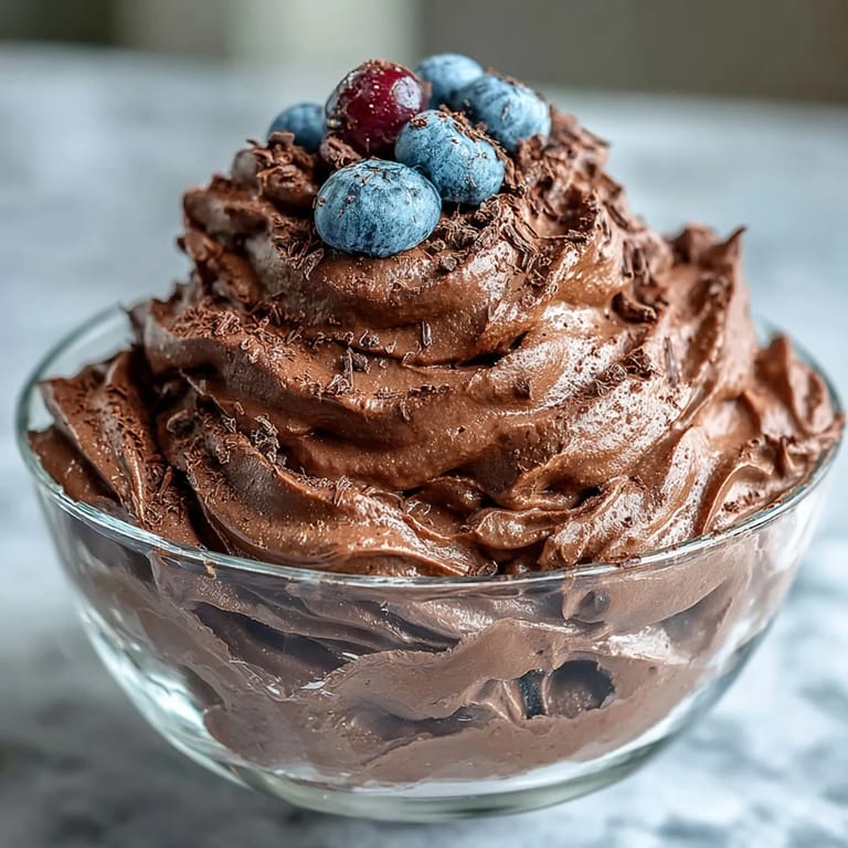 Fluffy whipped Protein Fluff with a rich cocoa finish, served in a clear glass to showcase its voluminous, airy texture ready to enjoy.