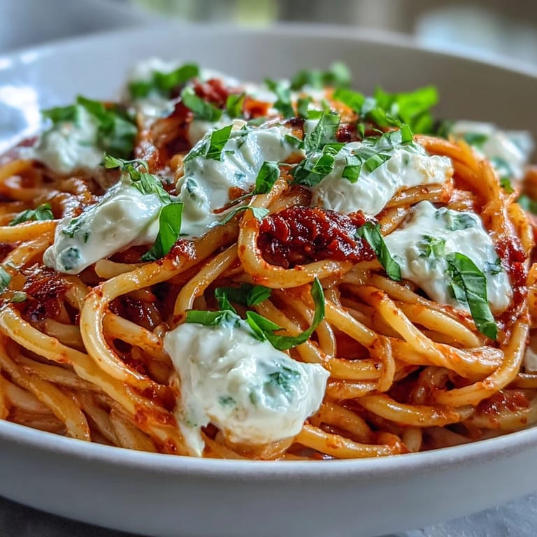Golden ambient light highlights steaming Creamy Red Pepper Pasta with Burrata & Herbs and fresh herbs.
