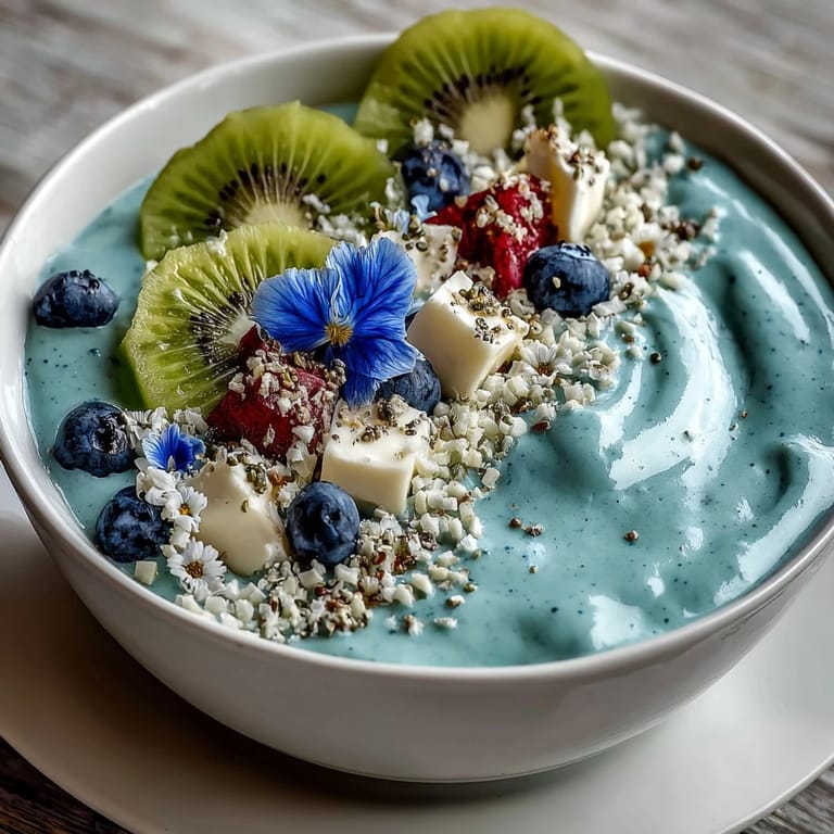 Artfully arranged tropical fruits and seeds on a creamy mermaid-blue smoothie bowl, perfect for a nutrient-packed snack.