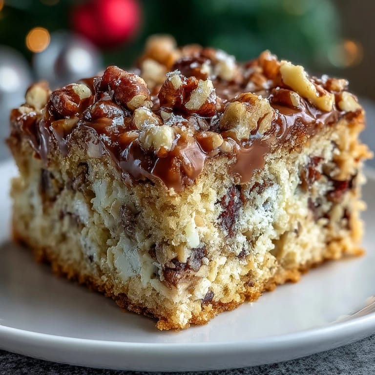 A whole Christmas Toffee Crunch Cake on a festive red platter, drizzled with glossy caramel frosting and garnished with more toffee pieces for a sweet holiday treat.