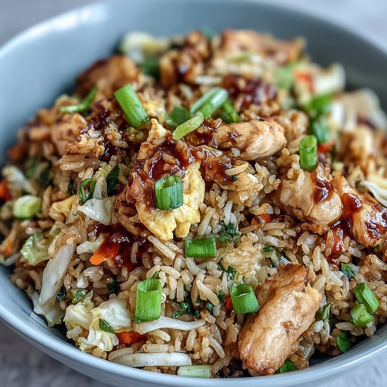 Golden scrambled eggs and crisp green onions garnish this easy, dairy-free Egg Roll Fried Rice, highlighting the savory soy and sesame aroma.
