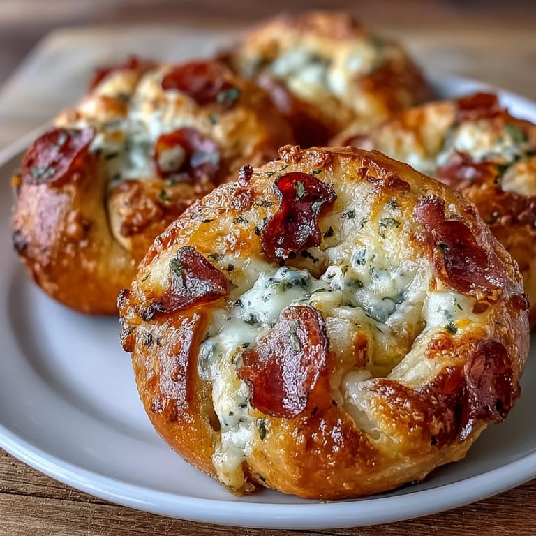 Golden-brown Pizza Roll Stuffed Garlic Knots brushed with butter and parsley on a rustic wooden board.