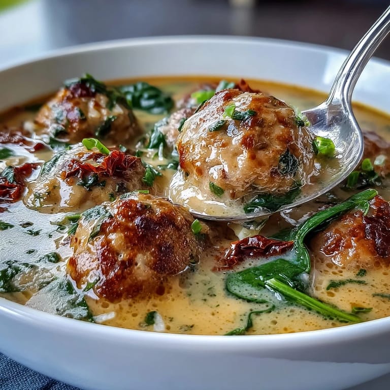 Tender turkey meatballs simmer in a creamy garlic Parmesan broth with spinach and sun-dried tomatoes in this Creamy Tuscan Turkey Meatball Soup.