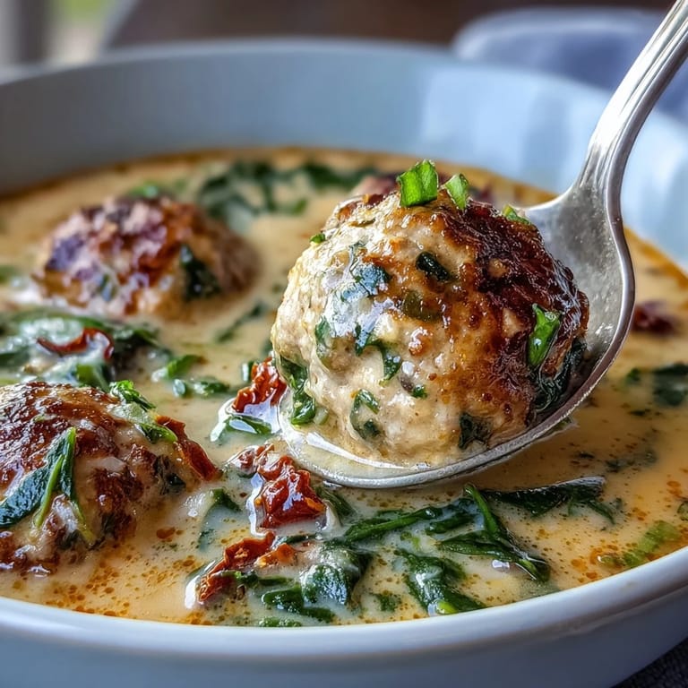 Close-up of Creamy Tuscan Turkey Meatball Soup showing golden meatballs, vibrant greens, and a rich, creamy texture, garnished with fresh basil.